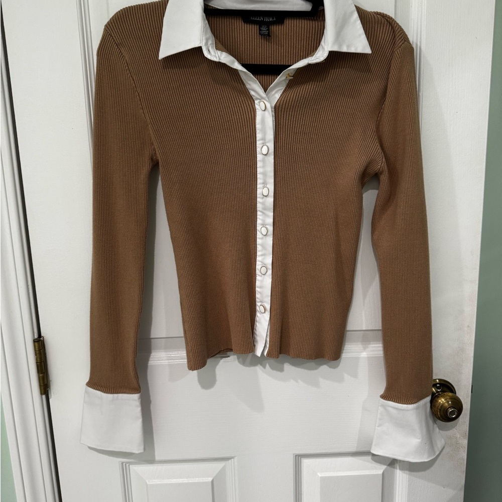 Ellen Tracy Brown and White Fitted Button Down Shirt
